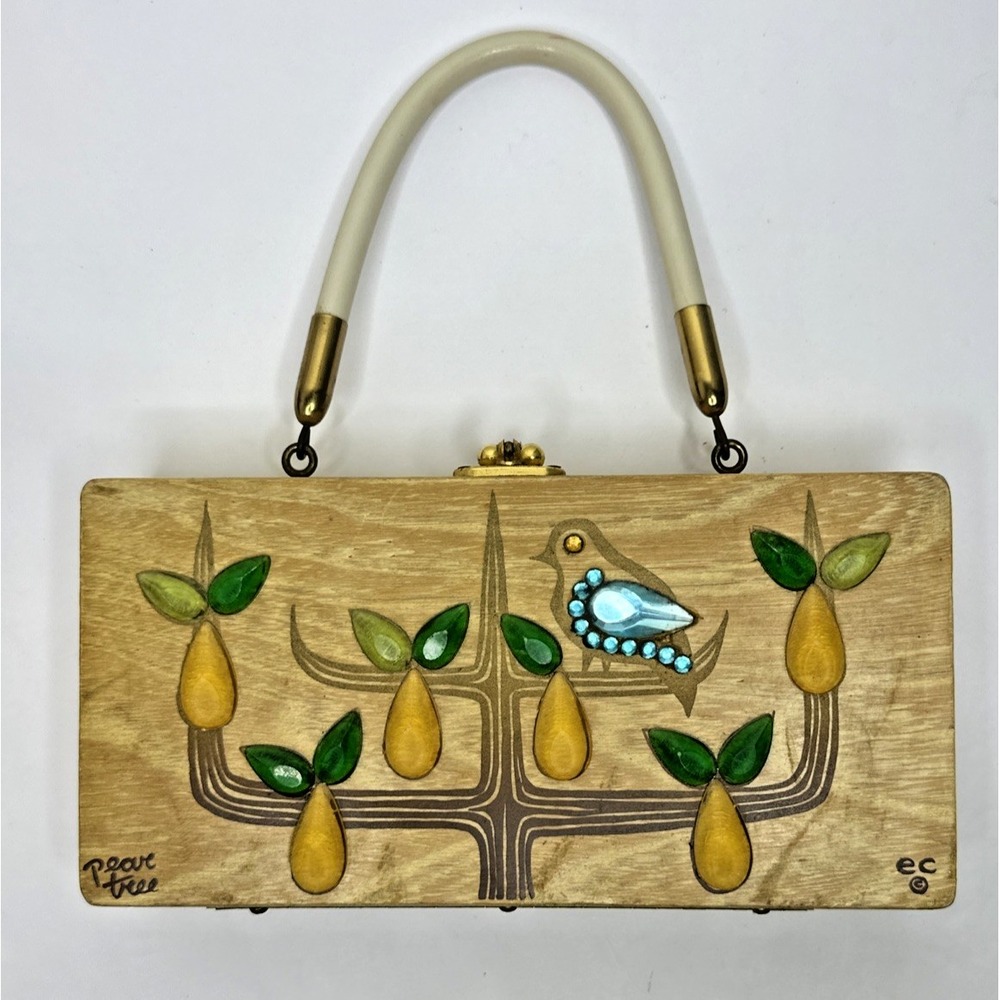 Enid Collins Wood Purse Pear Tree Bird Handbag Jeweled 8 1/2x 4x2  1960-70`s
